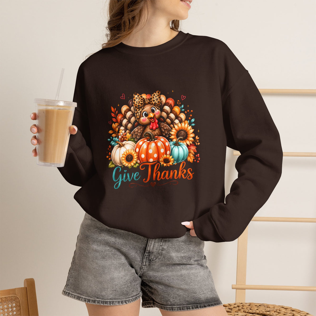 Sweatshirt — "Give Thanks" Autumn Turkey & Pumpkin Thanksgiving Crewneck