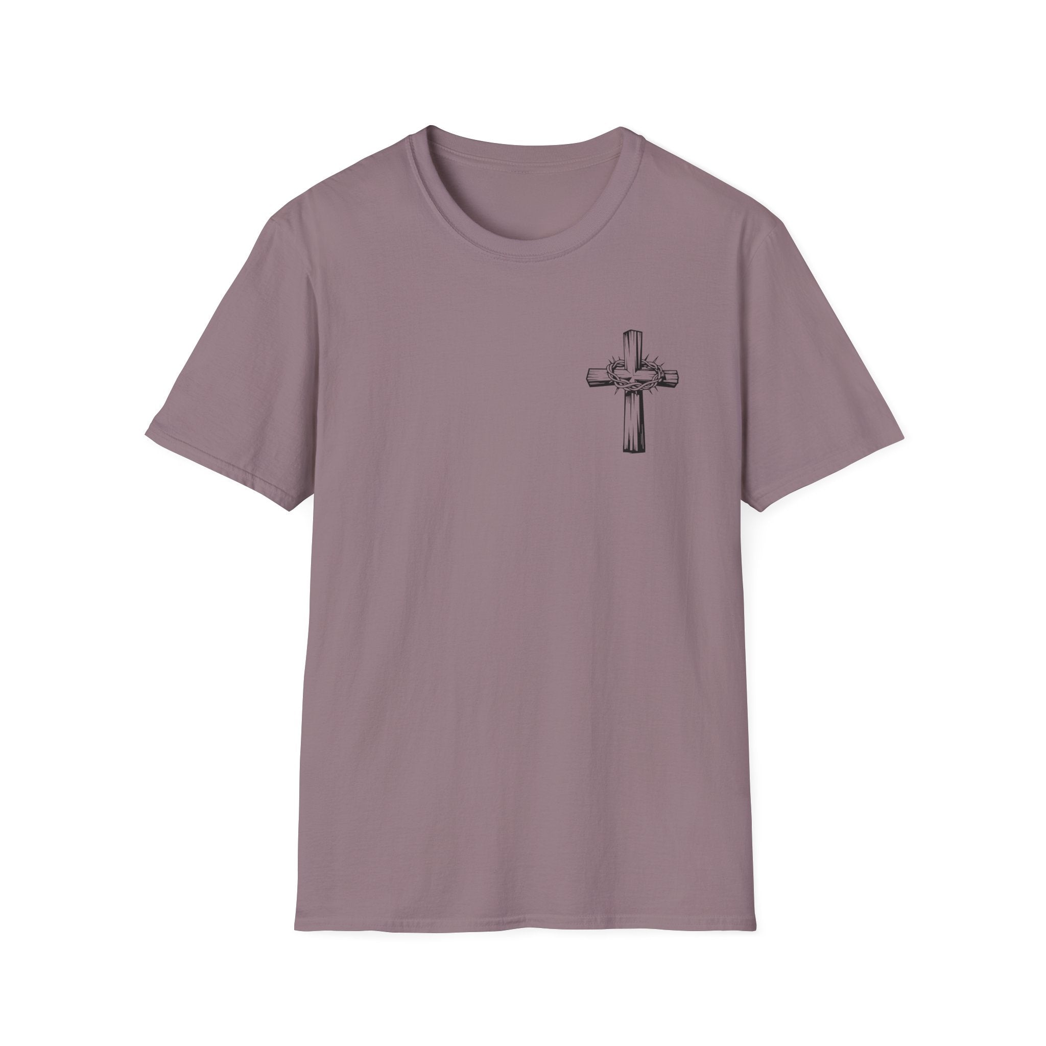 Cross Lion and Jesus Back Print T-Shirt — Wood Cross Chest Christian Faith Graphic