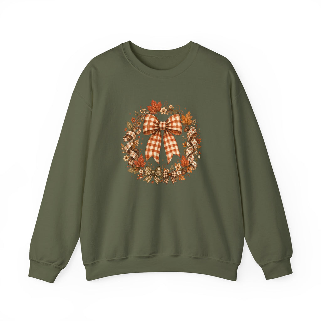 Cozy Autumn Plaid Bow Wreath Crewneck Sweatshirt