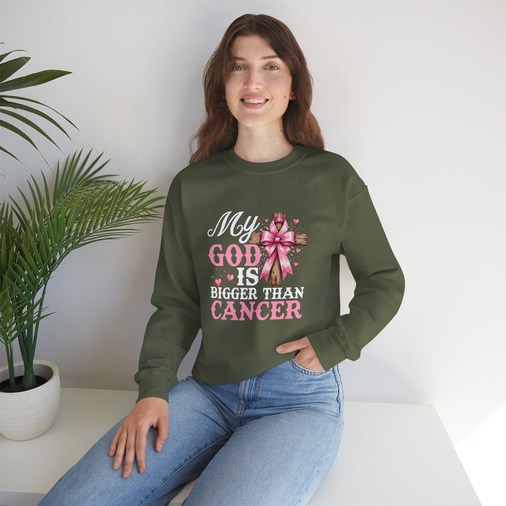 My God Is Bigger Than Cancer Breast Cancer Awareness Crewneck Sweatshirt