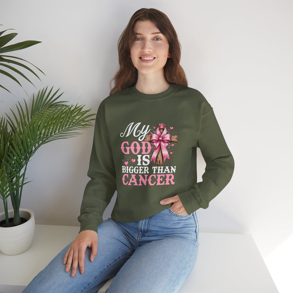 My God Is Bigger Than Cancer Breast Cancer Awareness Crewneck Sweatshirt