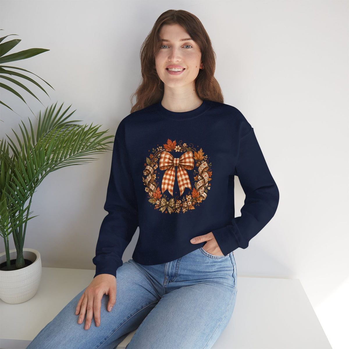 Cozy Autumn Plaid Bow Wreath Crewneck Sweatshirt