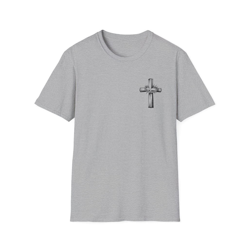 Cross Lion and Jesus Back Print T-Shirt — Wood Cross Chest Christian Faith Graphic