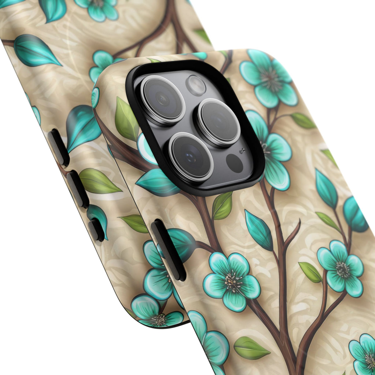 Floral Teal Blossom Tough Magnetic iPhone Case — MagSafe Protective Cover