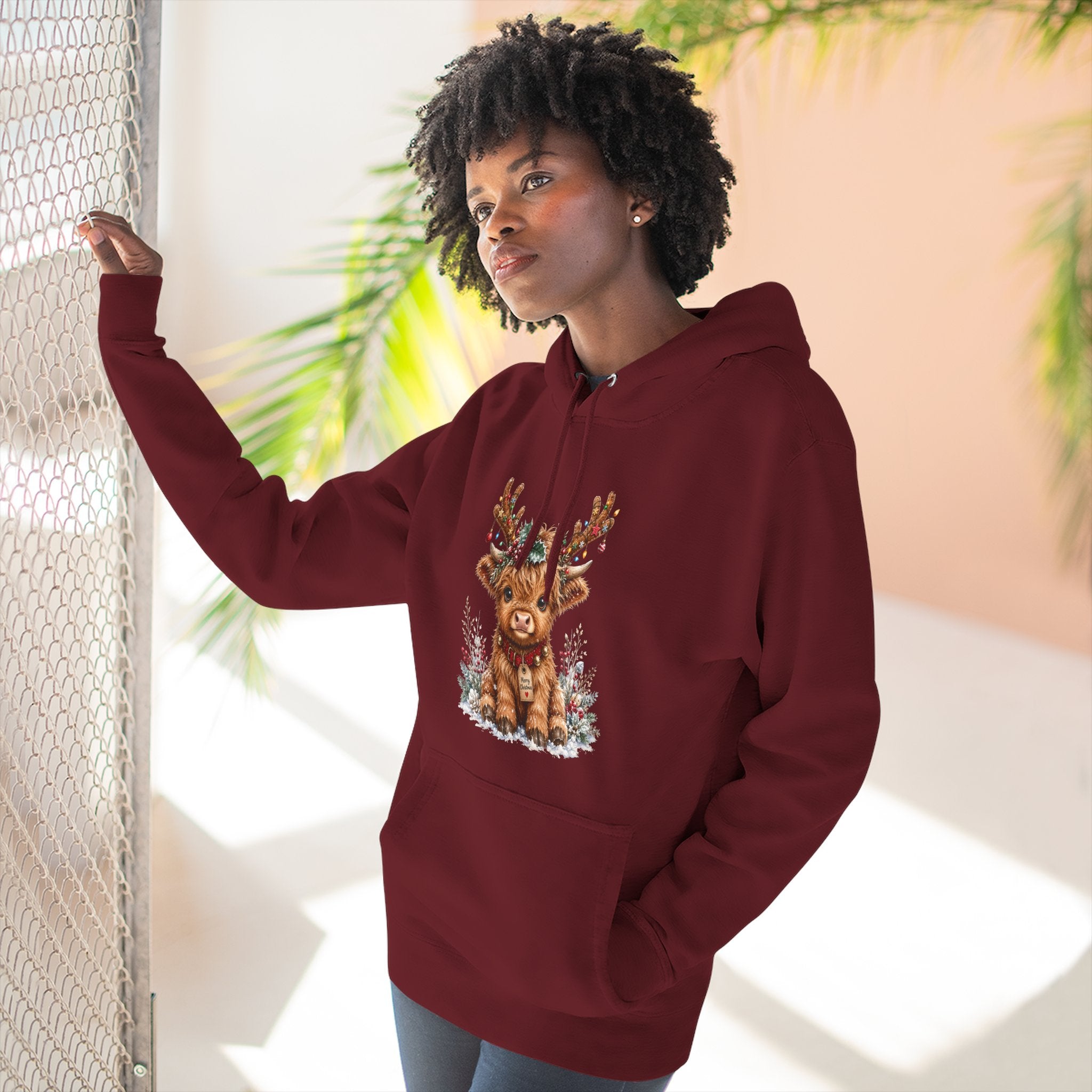 Cute Reindeer Fleece Hoodie - Christmas Woodland Holiday Sweatshirt