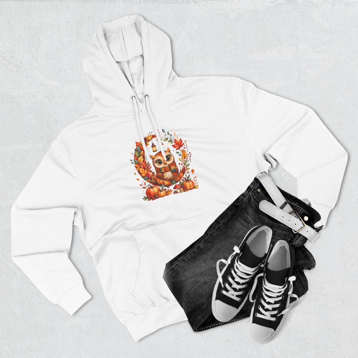 Cozy Autumn Owl Crescent Moon Embroidered Hoodie