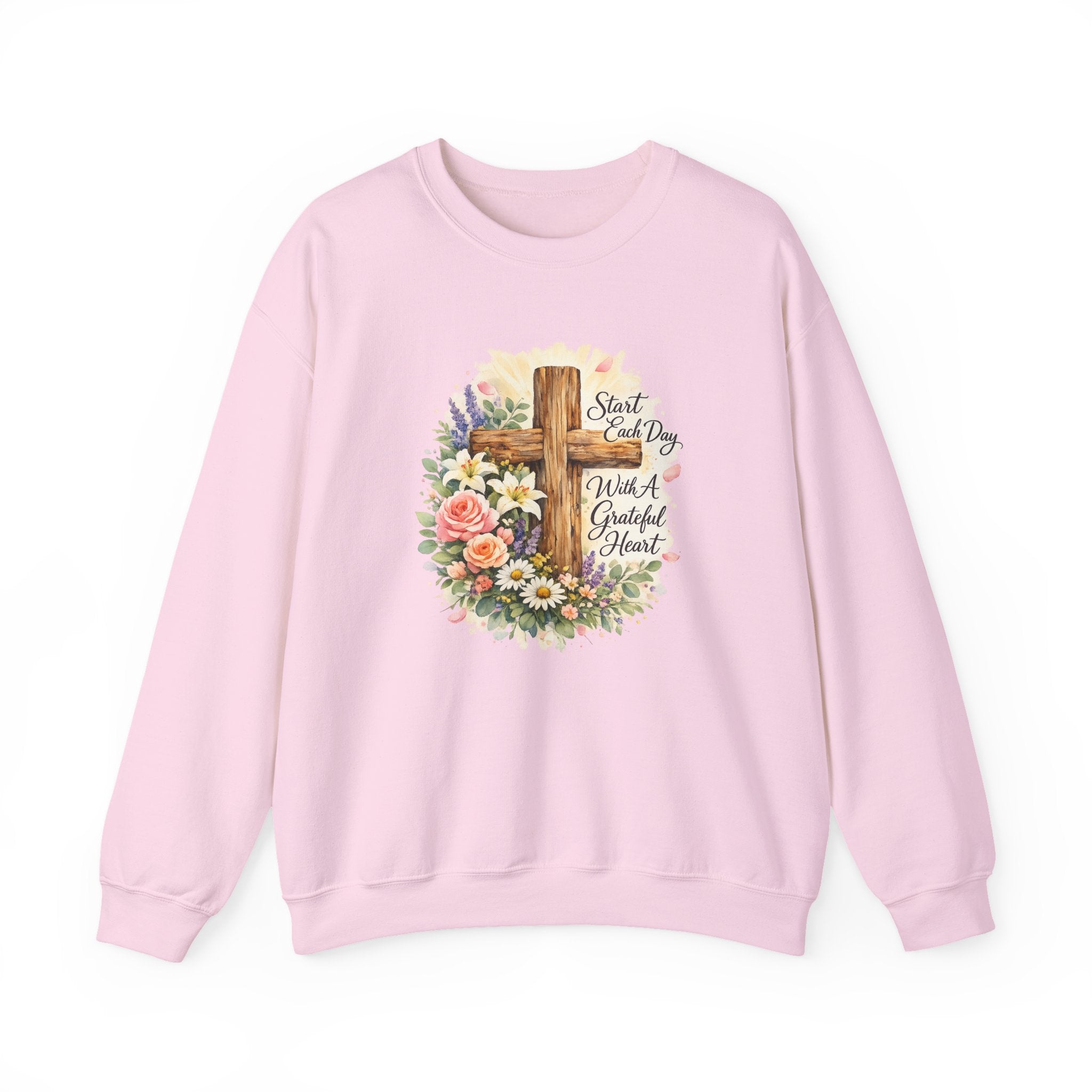 Christian Crewneck Sweatshirt — "Start Each Day with a Grateful Heart" Floral Cross