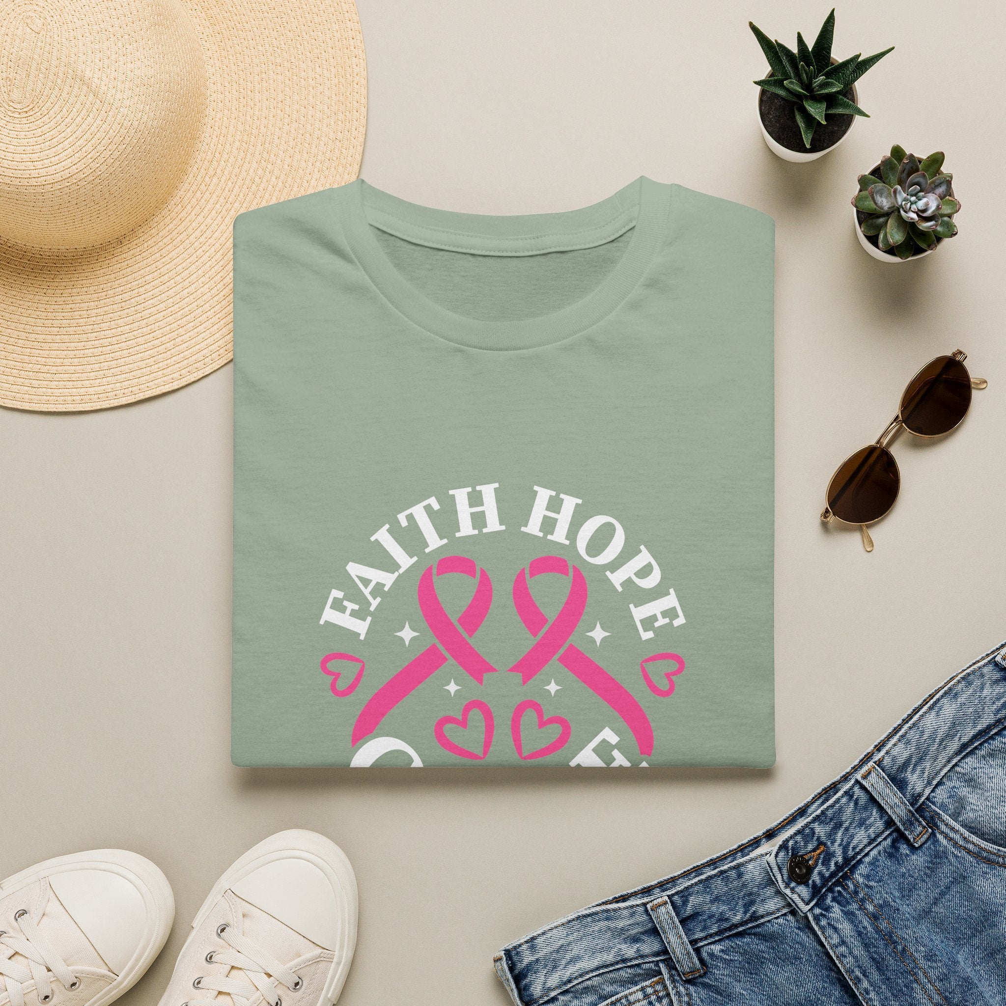 Faith Hope Cure Breast Cancer Awareness T-Shirt — Pink Ribbon Gift for Her Support Graphic Tee