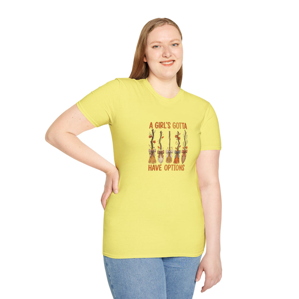 A Girl's Gotta Have Options Witch Brooms T-Shirt — Funny Halloween Gift for Women