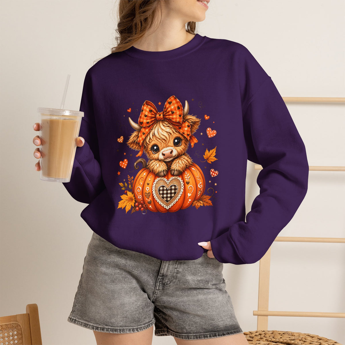 Cute Highland Cow Pumpkin Halloween Sweatshirt