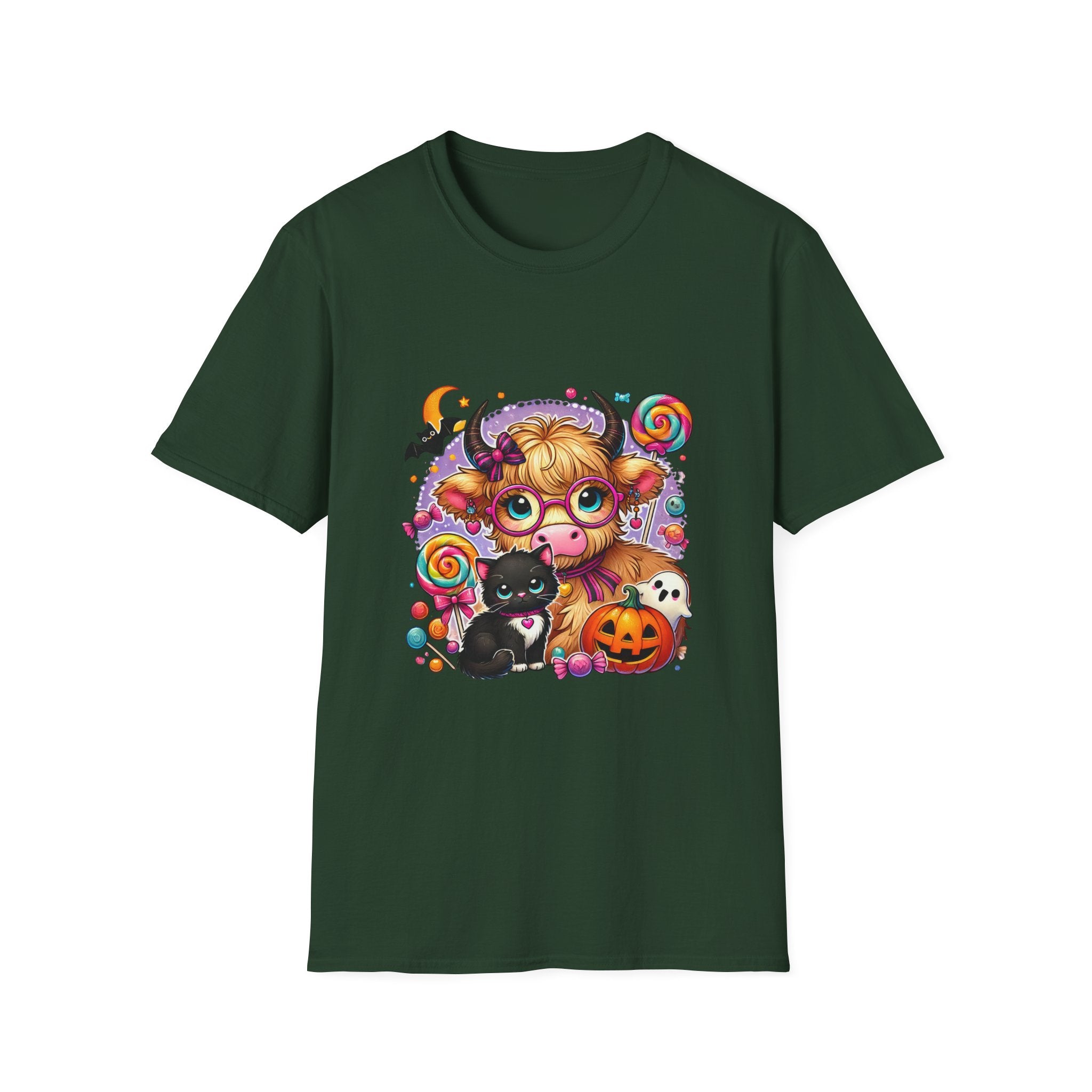 Cute Halloween Cow T-Shirt — Funny Gift for Her Candy Pumpkins & Kitty Costume Tee