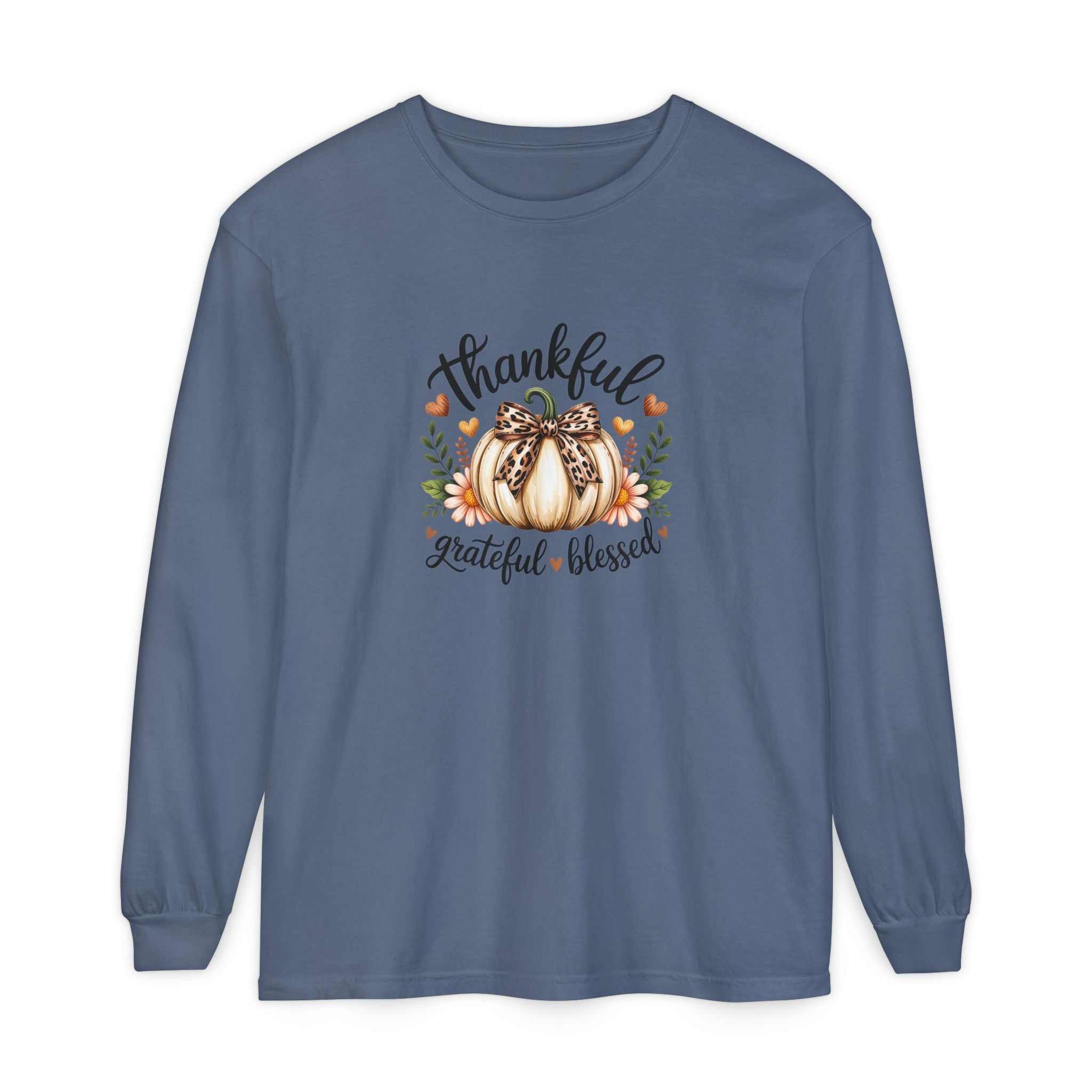 Thankful Grateful Blessed Pumpkin Long Sleeve — Cute Fall Thanksgiving Gift for Women