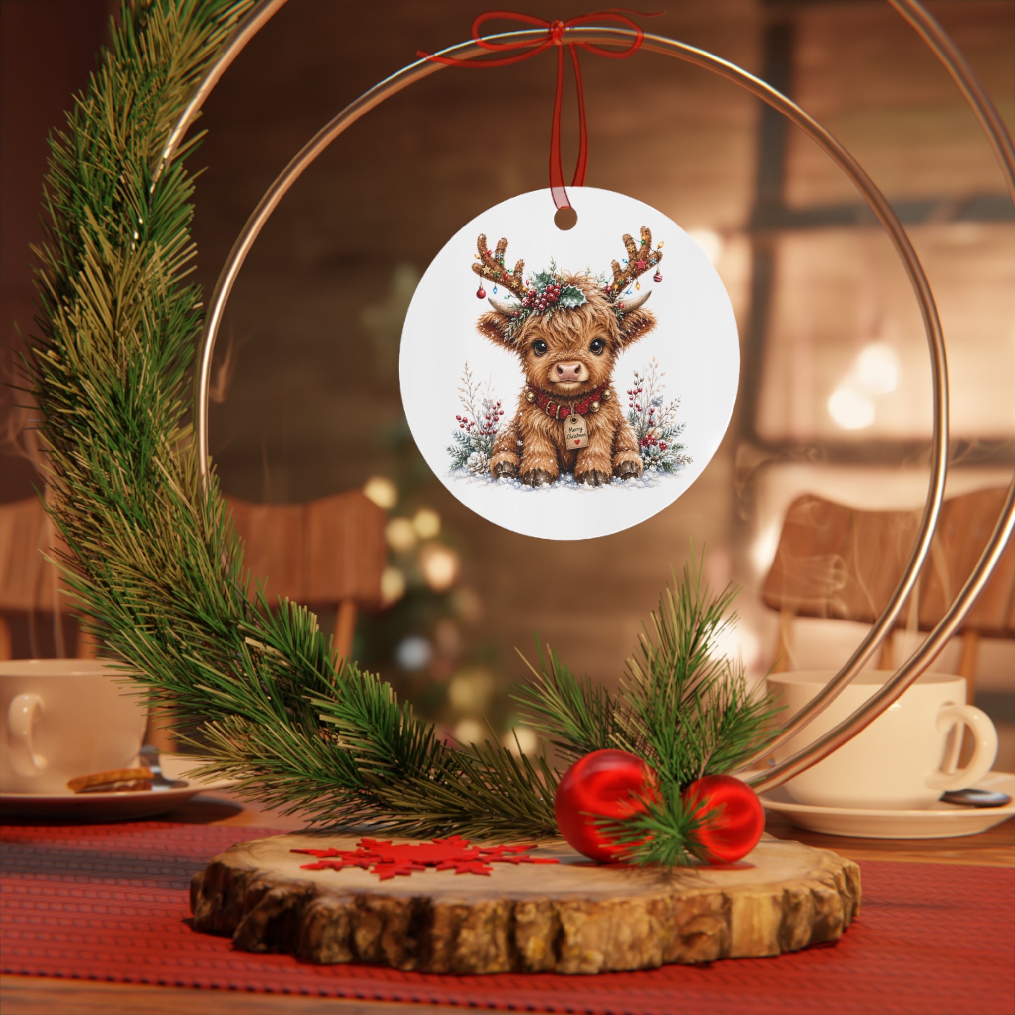 Cute Highland Cow Metal Ornament — Holiday Christmas Tree Decoration