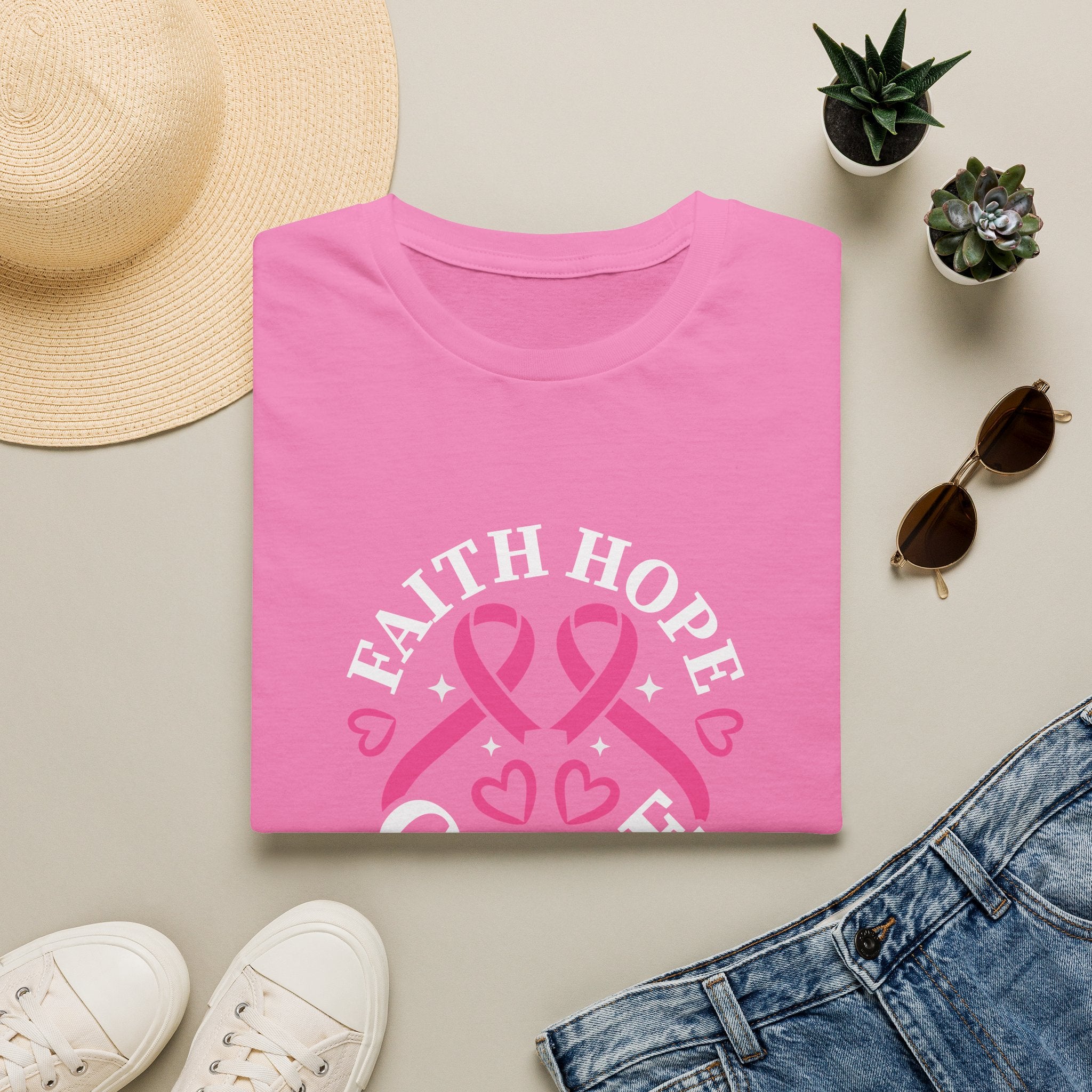 Faith Hope Cure Breast Cancer Awareness T-Shirt — Pink Ribbon Gift for Her Support Graphic Tee