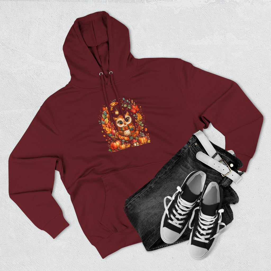 Cozy Autumn Owl Crescent Moon Embroidered Hoodie