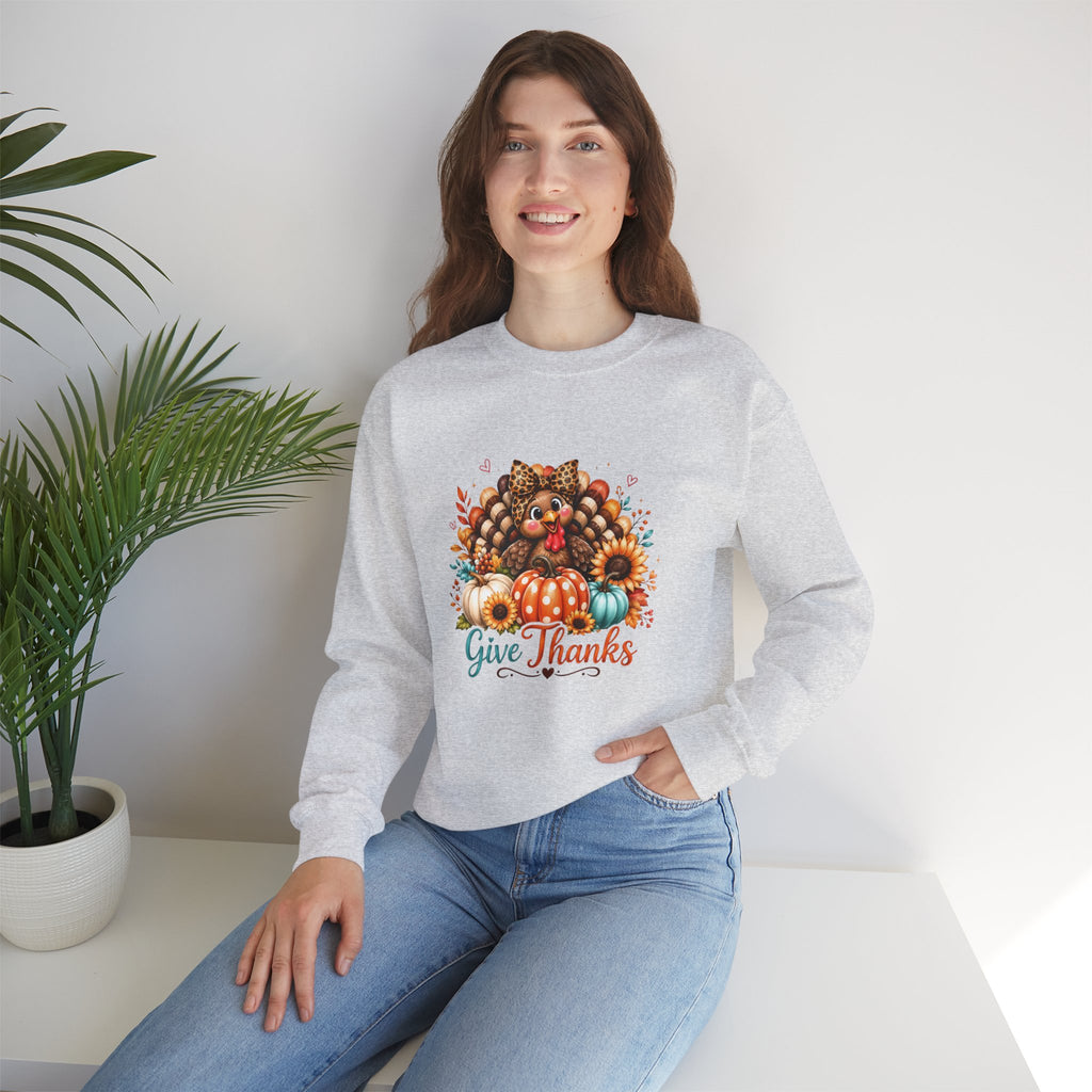 Sweatshirt — "Give Thanks" Autumn Turkey & Pumpkin Thanksgiving Crewneck