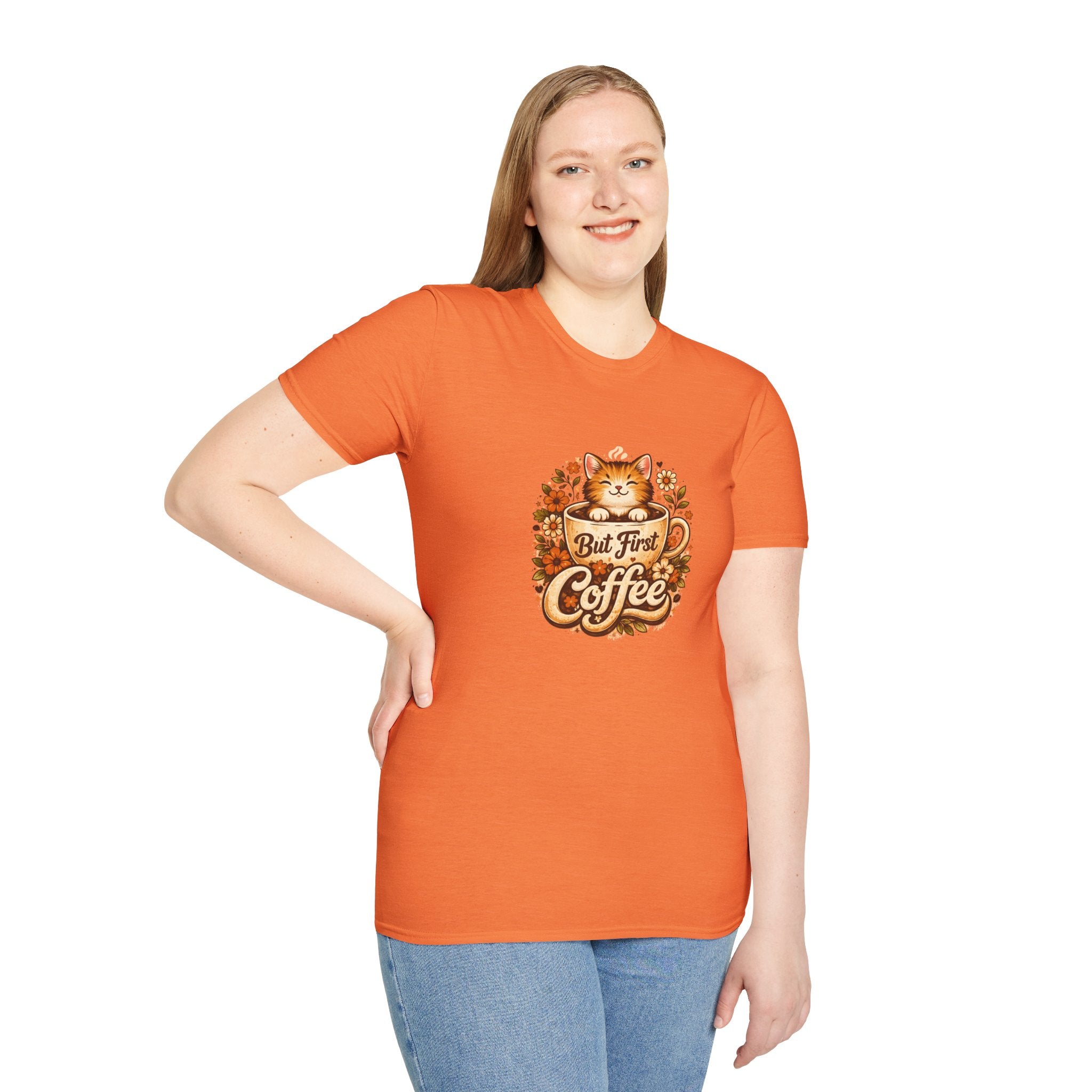 But First Coffee Cat T-Shirt — Cute Floral Gift for Coffee Lovers Women's Tee
