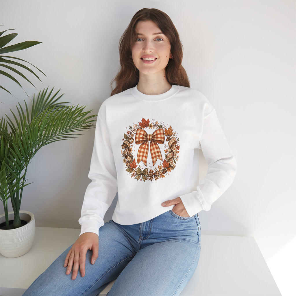 Cozy Autumn Plaid Bow Wreath Crewneck Sweatshirt