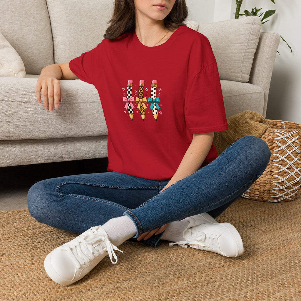 Pencil Trio Graphic T-Shirt — Cute Patterned Pencils with Bows