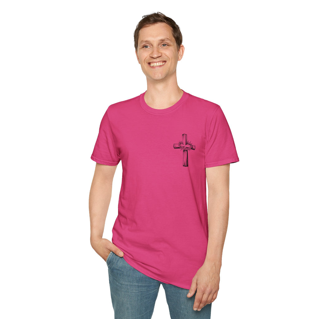 Cross Lion and Jesus Back Print T-Shirt — Wood Cross Chest Christian Faith Graphic