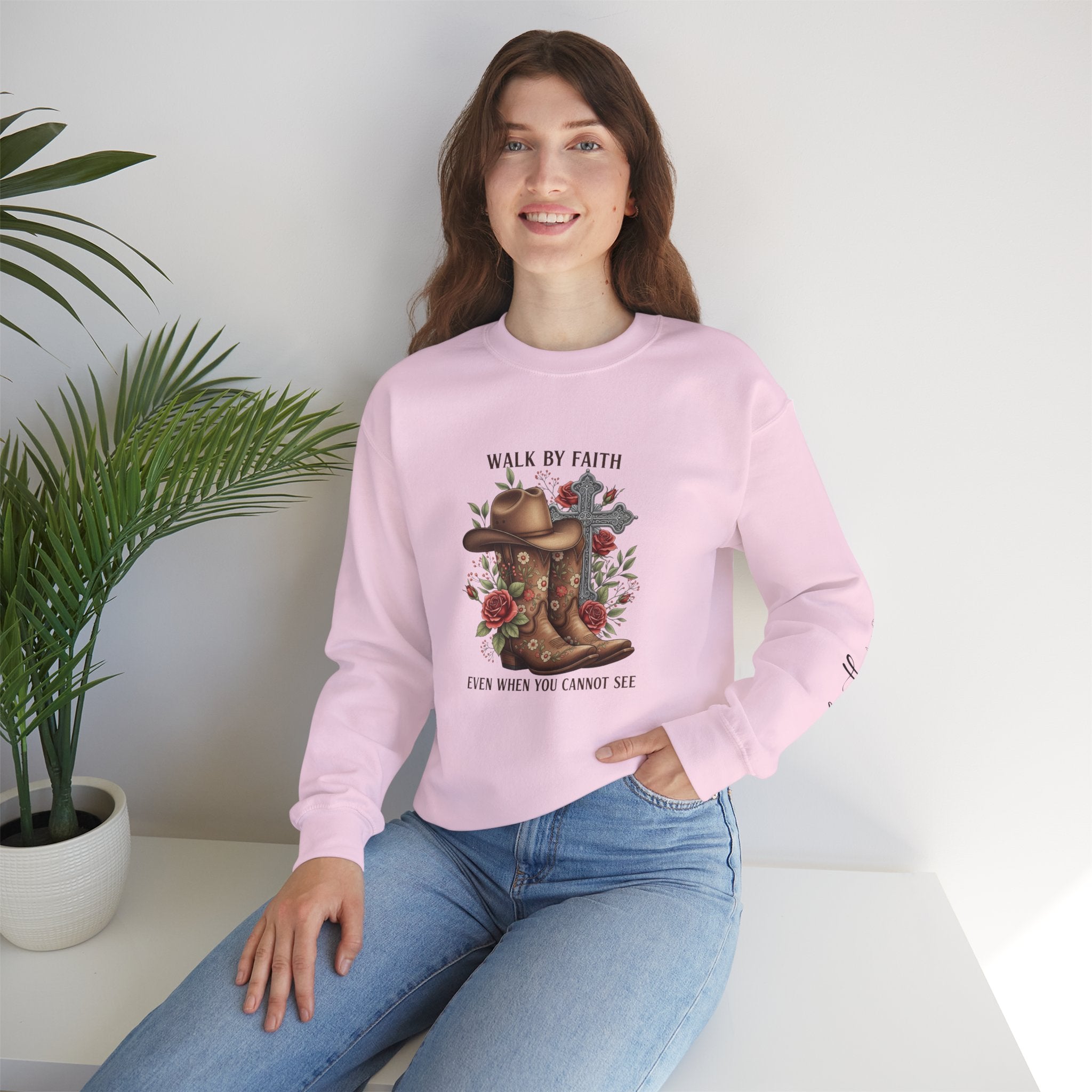 Faith Cowboy Boots Sweatshirt — "Walk by Faith, Even When You Cannot See" Christian Crewneck