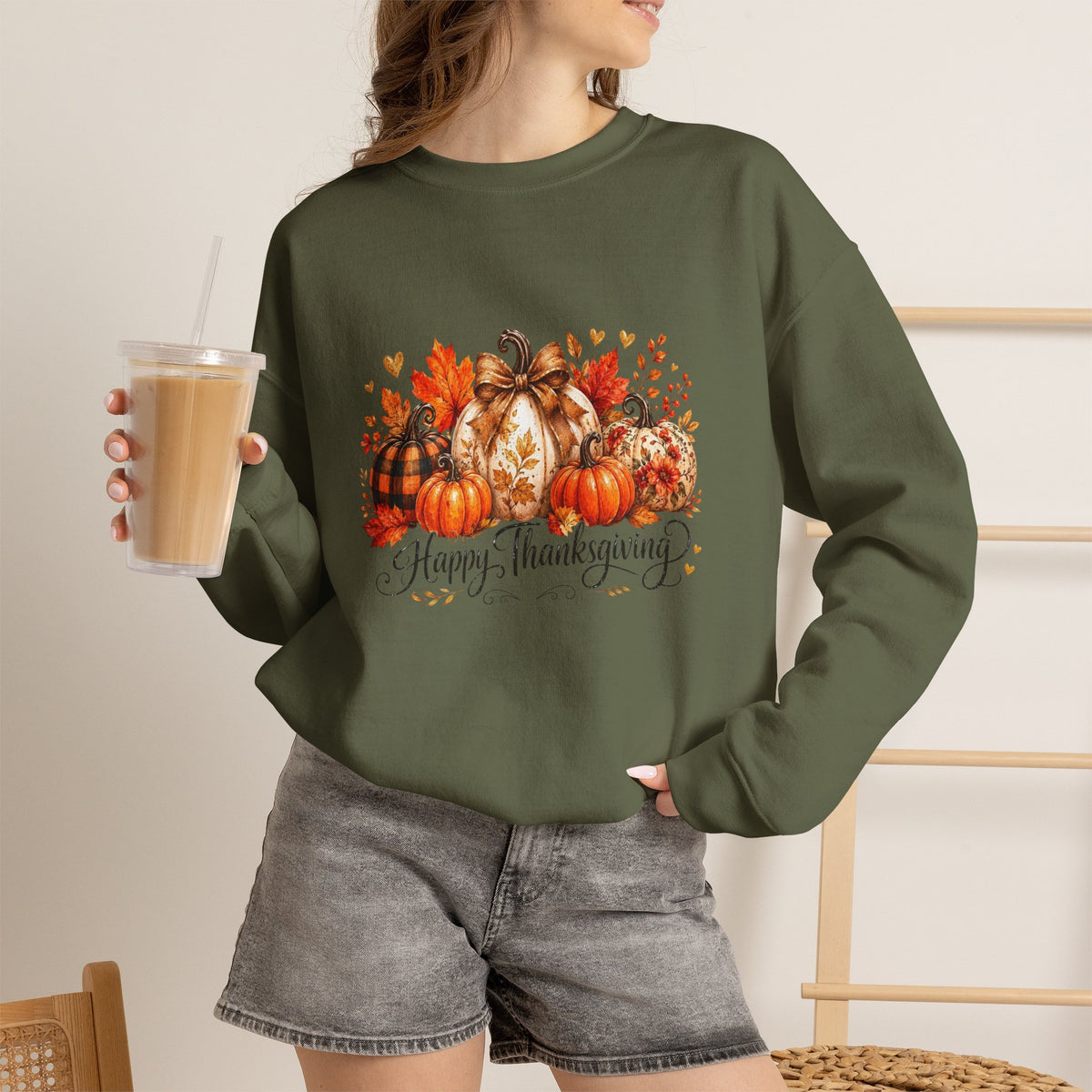 Thanksgiving Pumpkin Crewneck Sweatshirt — Happy Thanksgiving Harvest Design