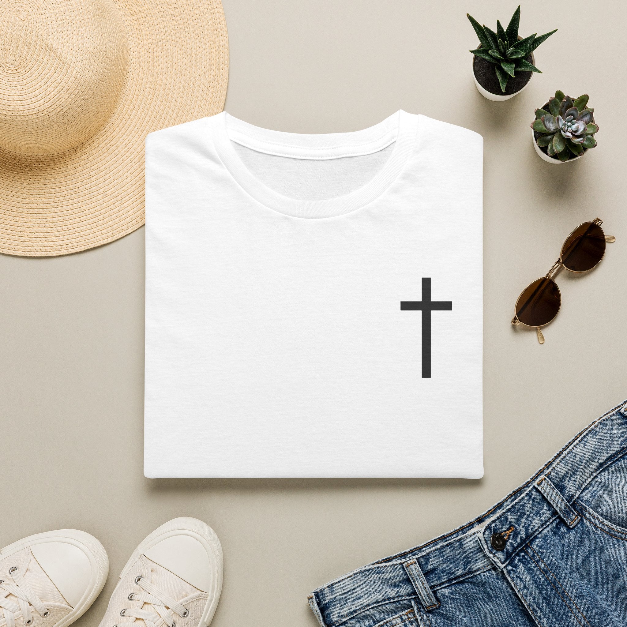 Man of Faith Rooted in Christ T-Shirt — Christian Gift for Him Flag & Cross Back Print Graphic Tee