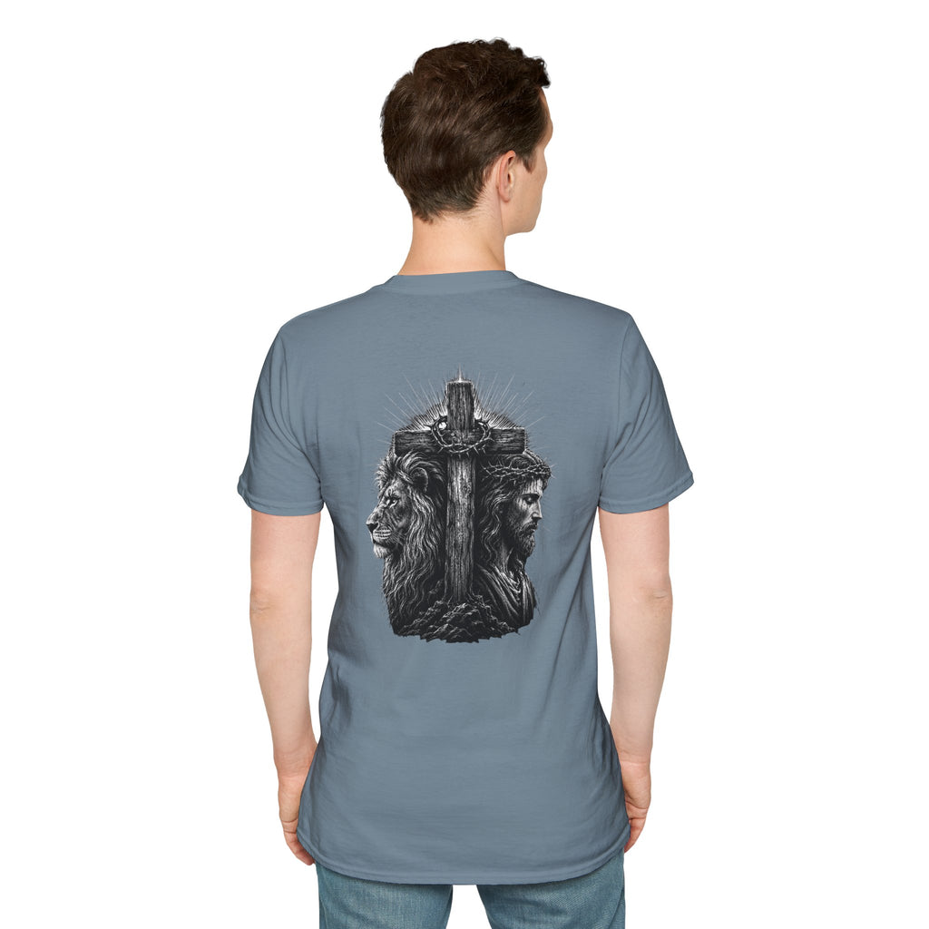 Cross Lion and Jesus Back Print T-Shirt — Wood Cross Chest Christian Faith Graphic