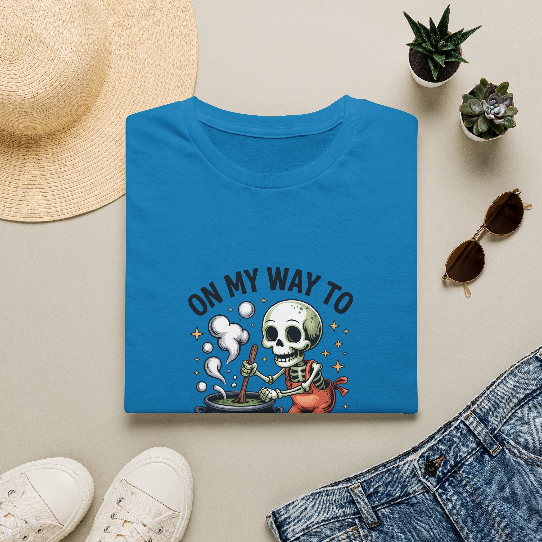 On My Way to Stir the Pot Skeleton T-Shirt — Funny Halloween Gift for Women