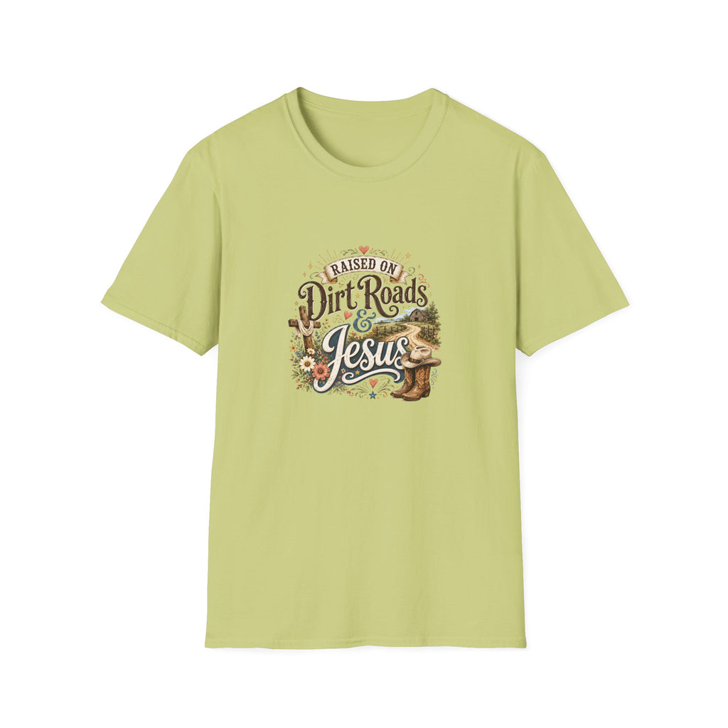 Raised on Dirt Roads & Jesus T-Shirt — Rustic Christian Gift for Women Faith Tee