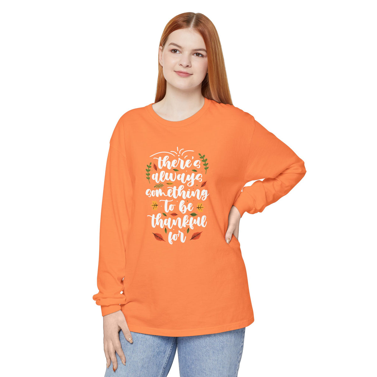 Thankful For Crewneck Long Sleeve Tee — Fall Thanksgiving Gratitude Shirt