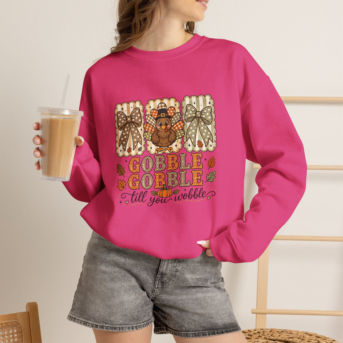 Thanksgiving Crewneck Sweatshirt — "Gobble Gobble 'til You Wobble" Turkey Design