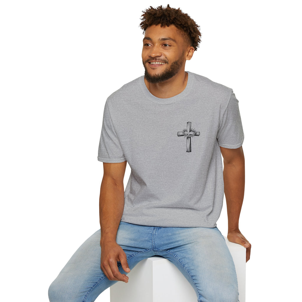 Cross Lion and Jesus Back Print T-Shirt — Wood Cross Chest Christian Faith Graphic