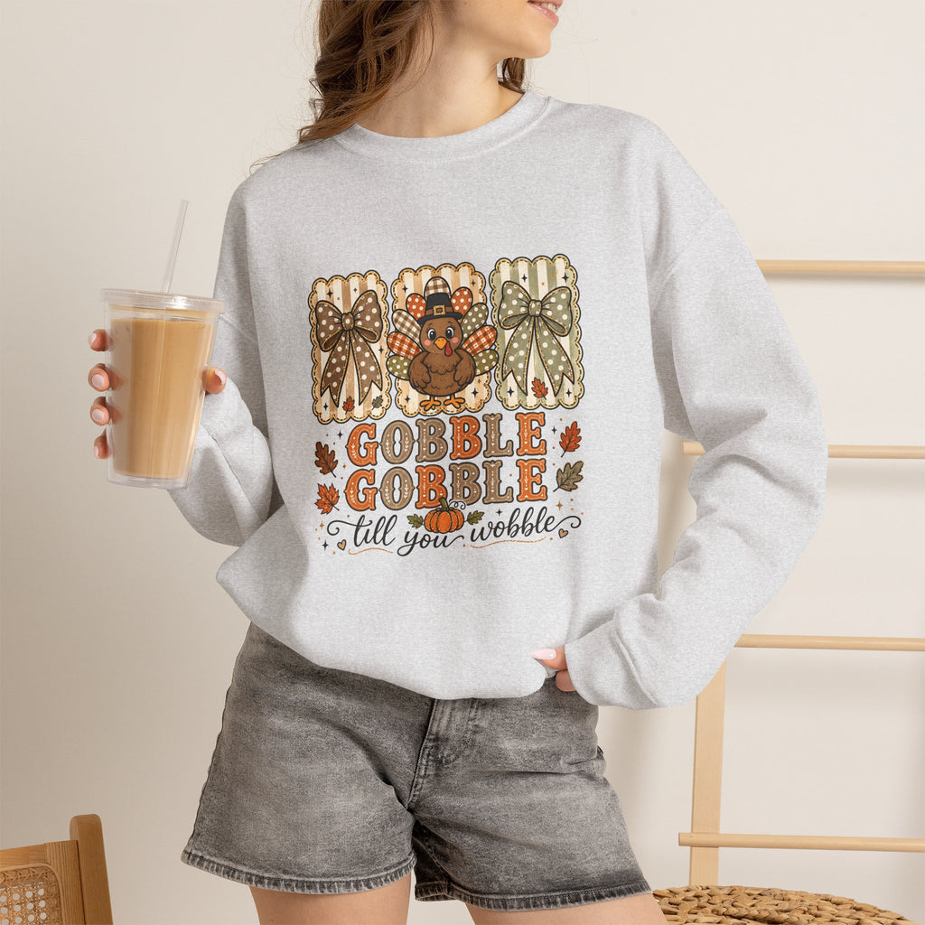 Thanksgiving Crewneck Sweatshirt — "Gobble Gobble 'til You Wobble" Turkey Design