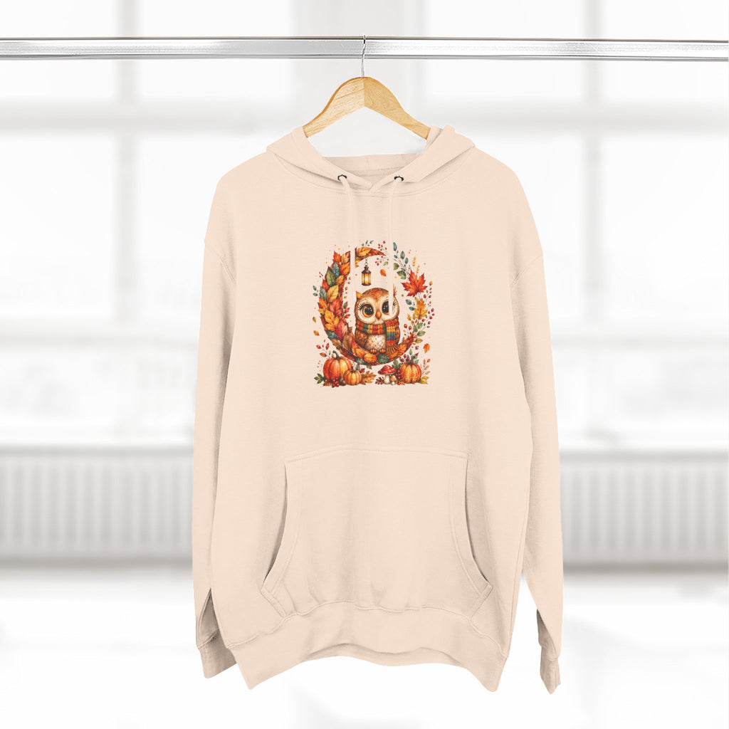 Cozy Autumn Owl Crescent Moon Embroidered Hoodie