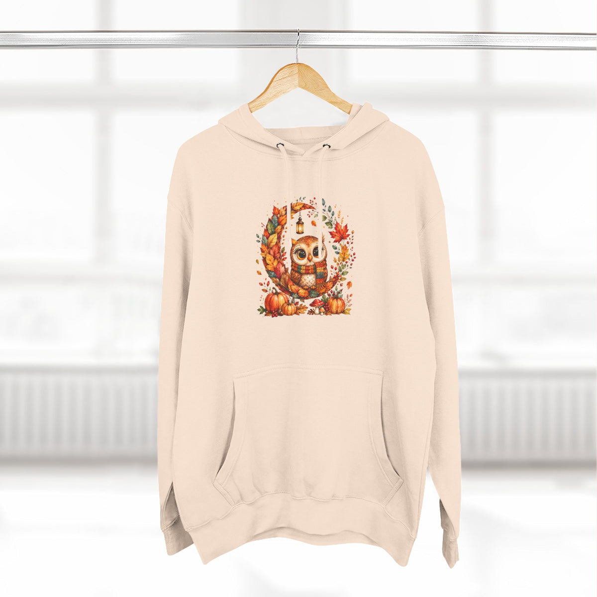 Cozy Autumn Owl Crescent Moon Embroidered Hoodie