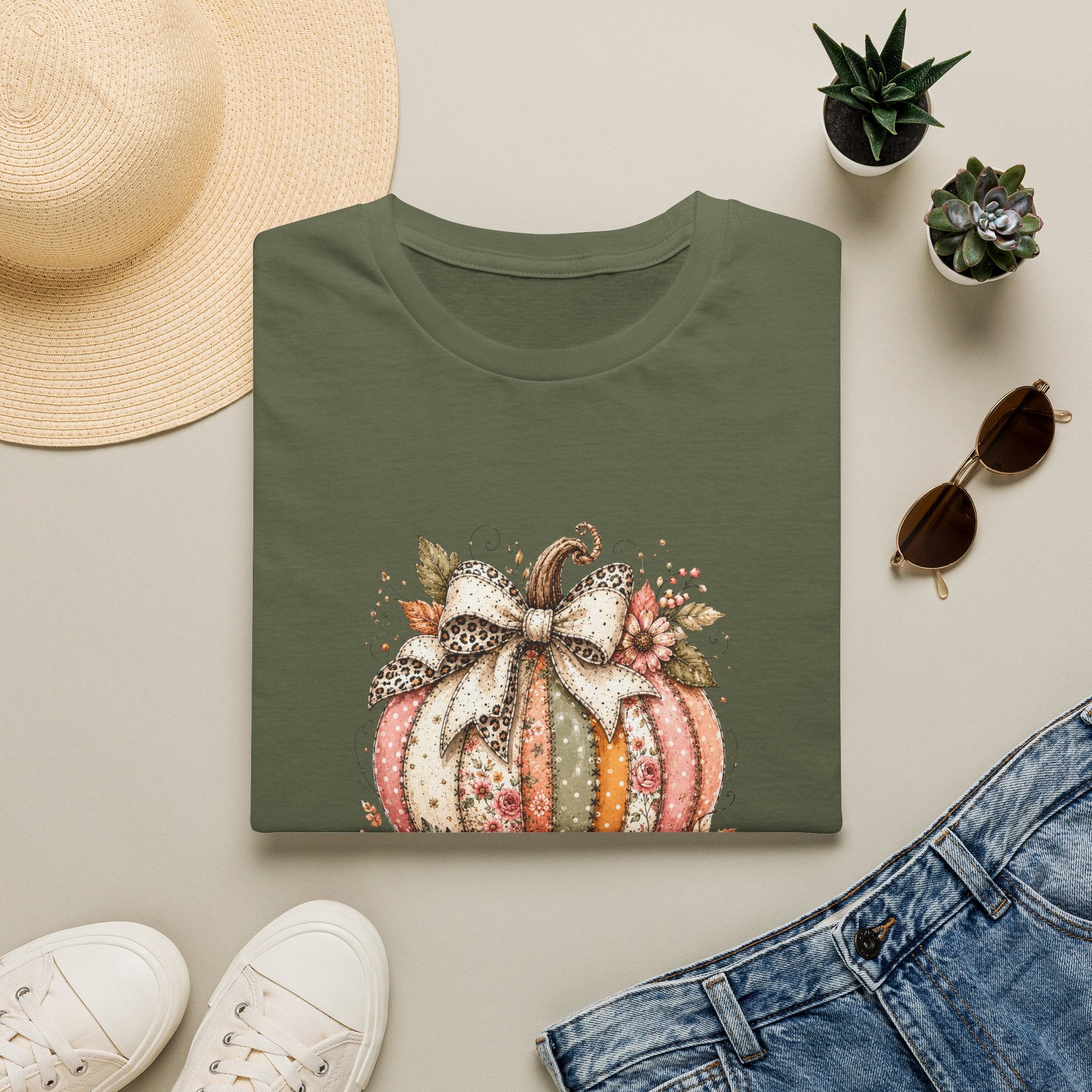 Autumn Floral Pumpkin Leopard Bow T-Shirt — Cute Fall Gift for Women Graphic Tee