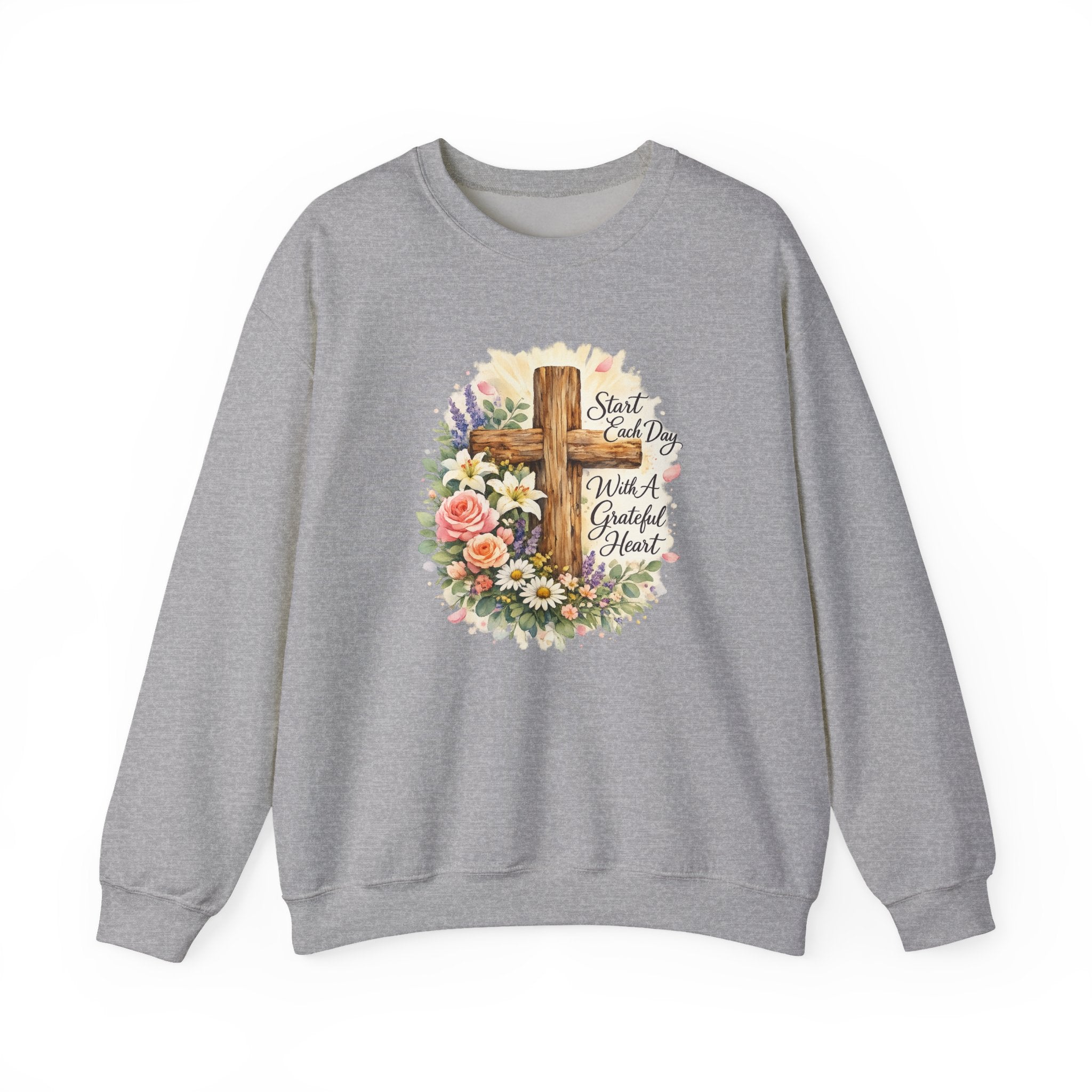 Christian Crewneck Sweatshirt — "Start Each Day with a Grateful Heart" Floral Cross
