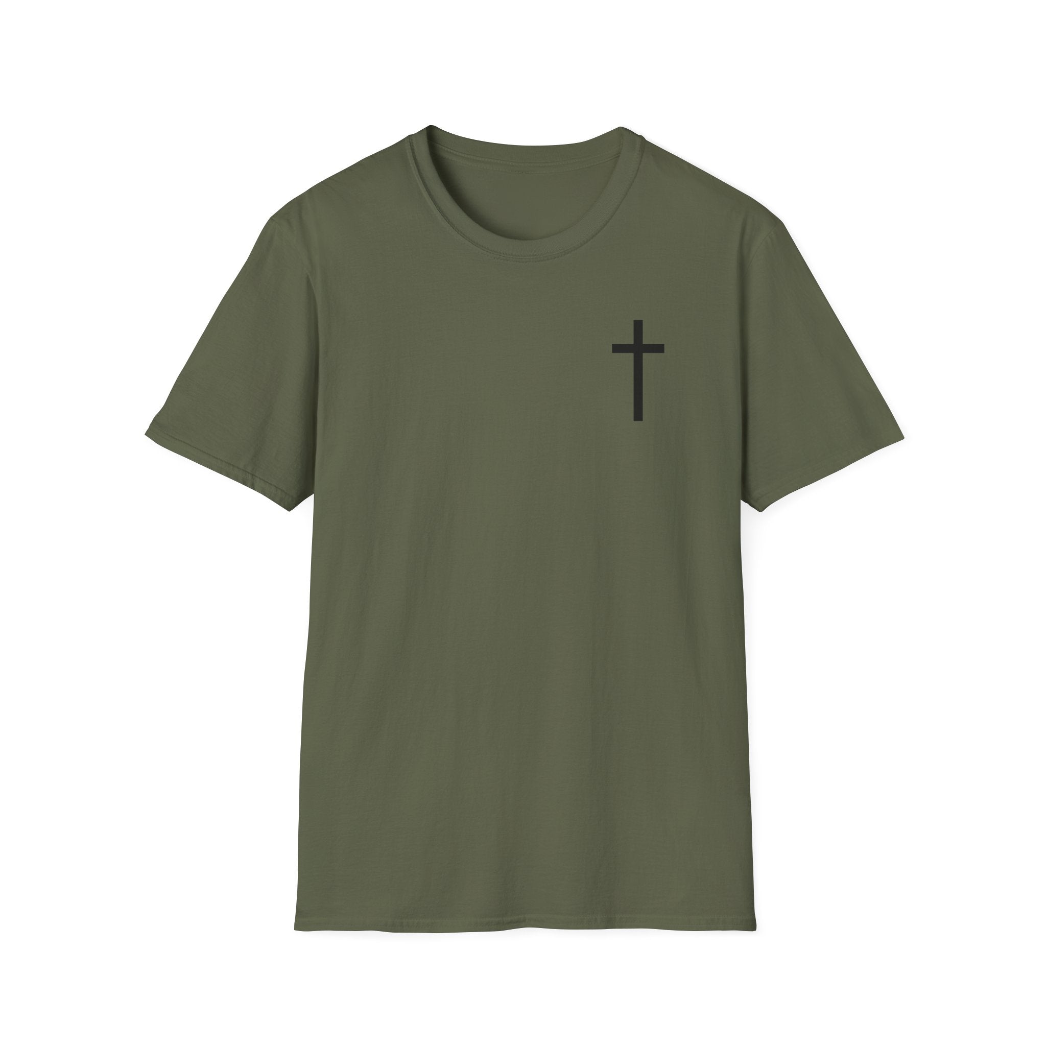 Man of Faith Rooted in Christ T-Shirt — Christian Gift for Him Flag & Cross Back Print Graphic Tee