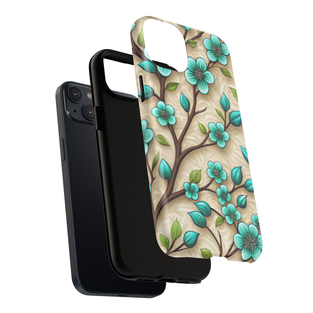 Floral Teal Blossom Tough Magnetic iPhone Case — MagSafe Protective Cover