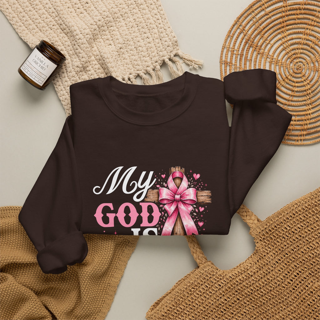 My God Is Bigger Than Cancer Breast Cancer Awareness Crewneck Sweatshirt