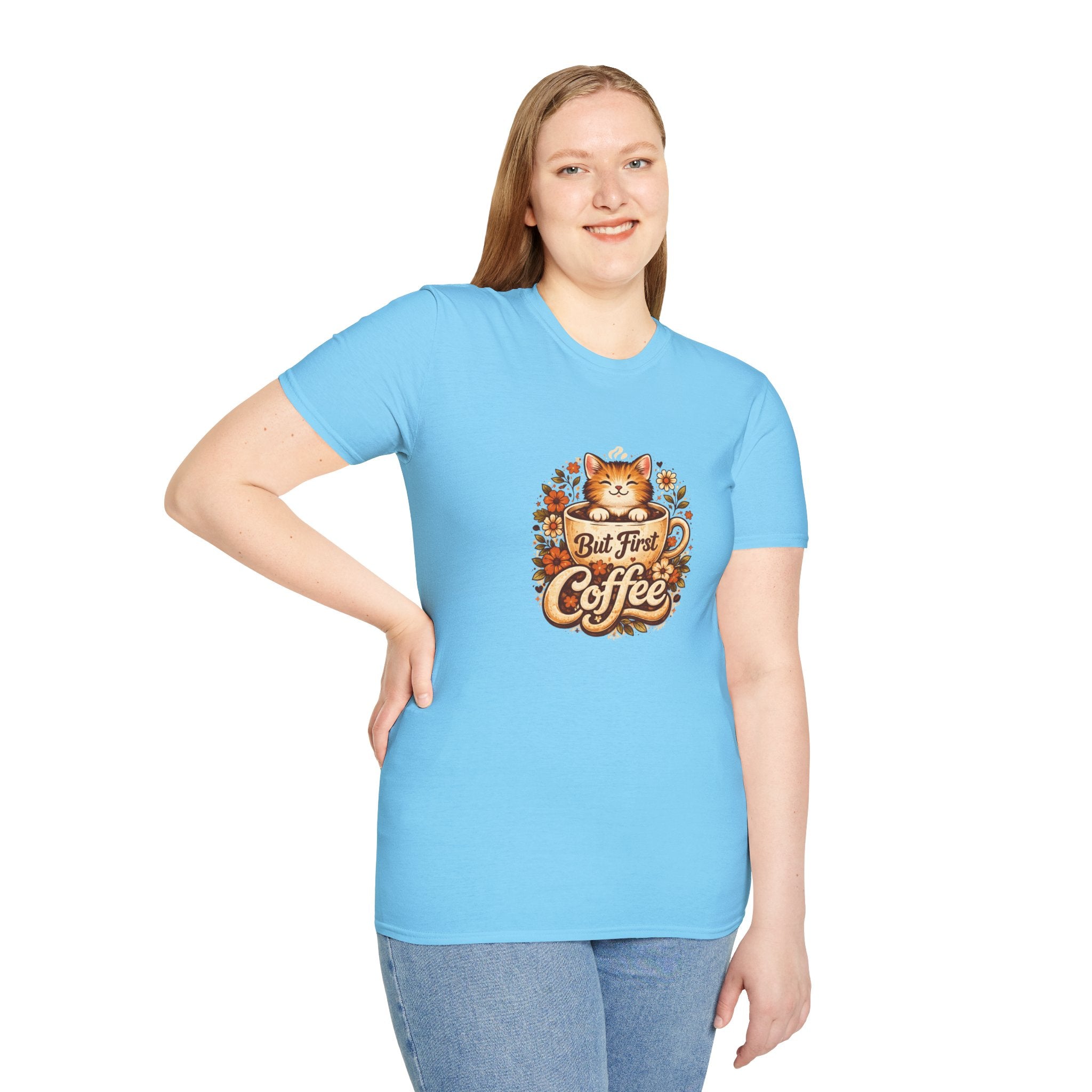 But First Coffee Cat T-Shirt — Cute Floral Gift for Coffee Lovers Women's Tee