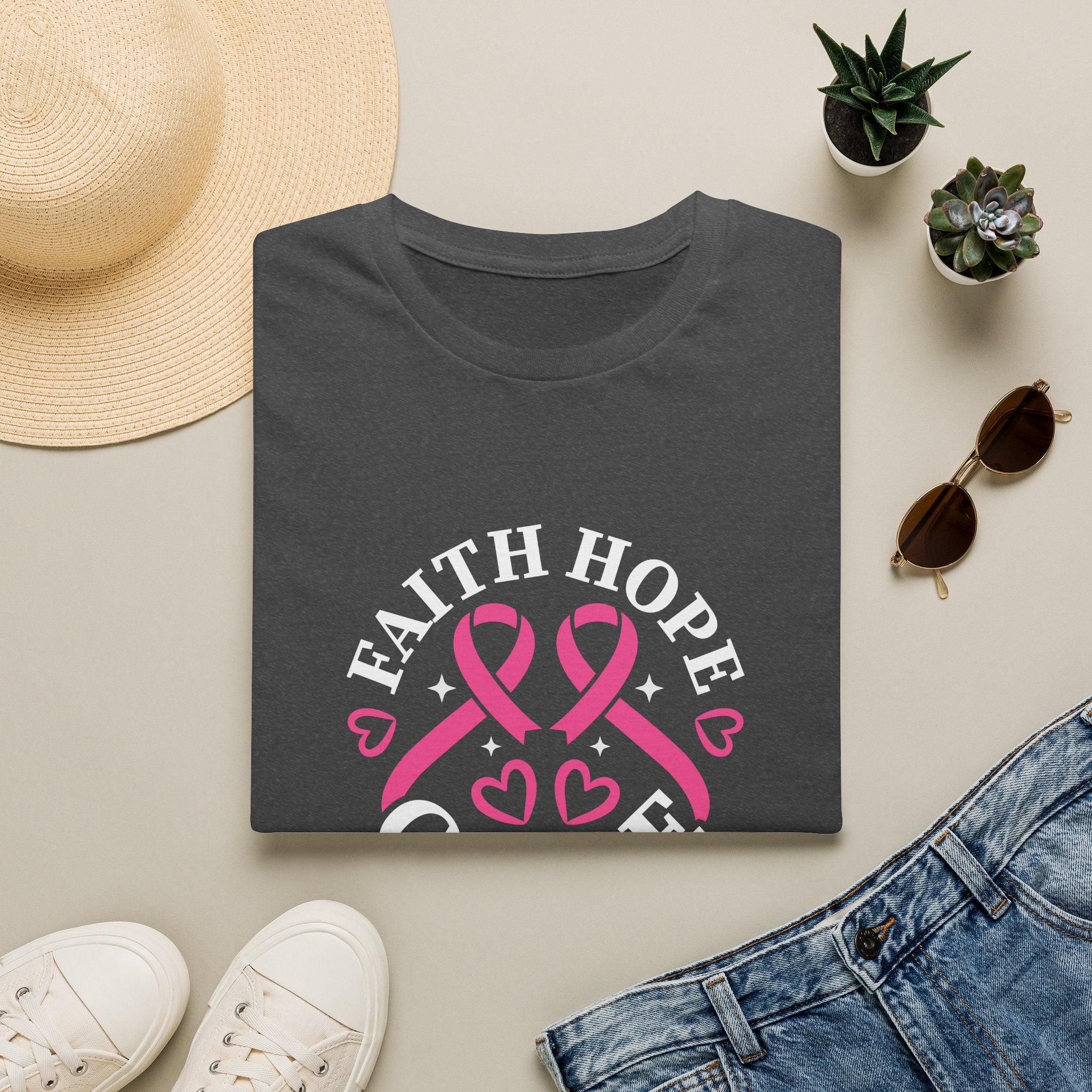 Faith Hope Cure Breast Cancer Awareness T-Shirt — Pink Ribbon Gift for Her Support Graphic Tee