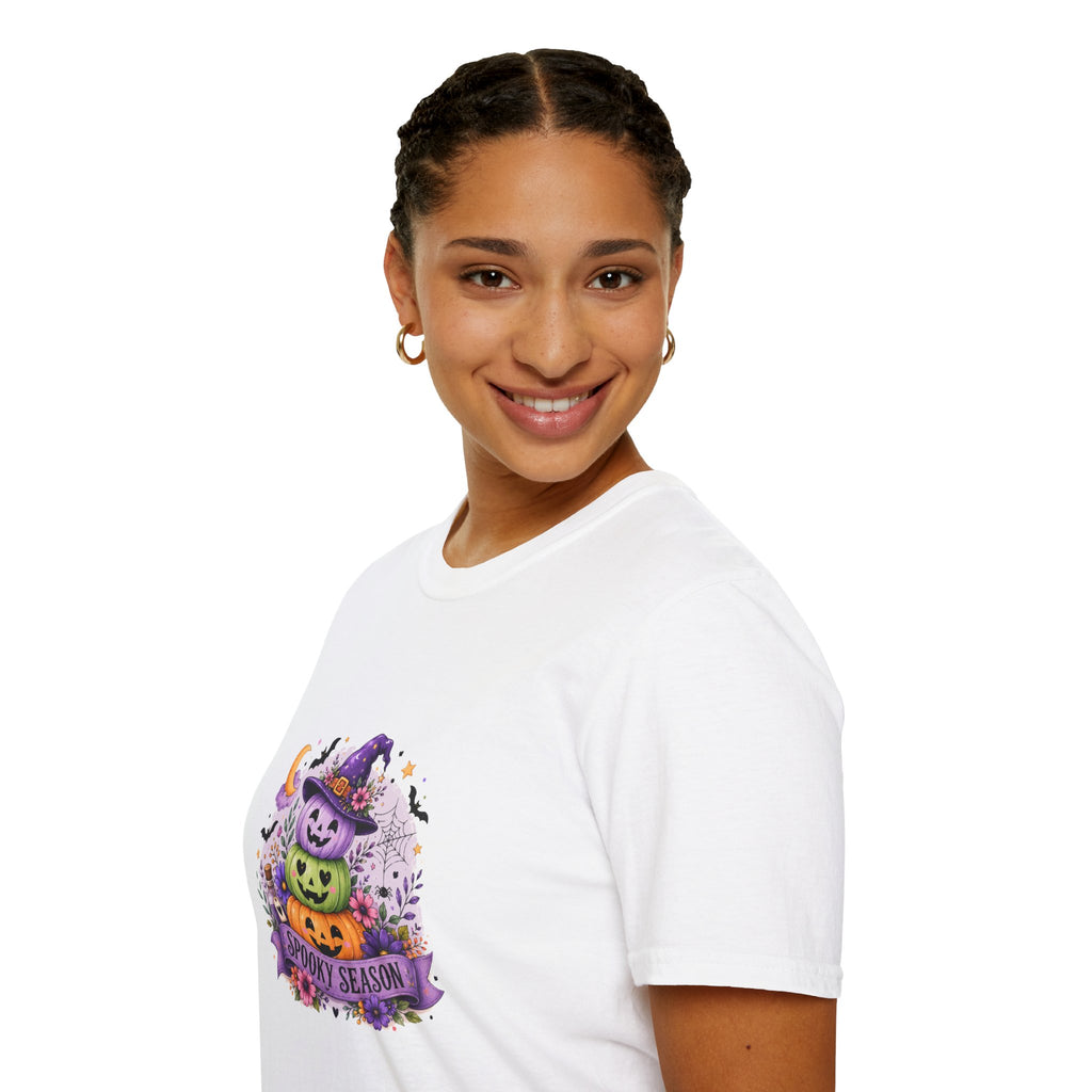Spooky Season Pumpkin Stack T-Shirt — Cute Halloween Gift for Women Witch Hat Tee