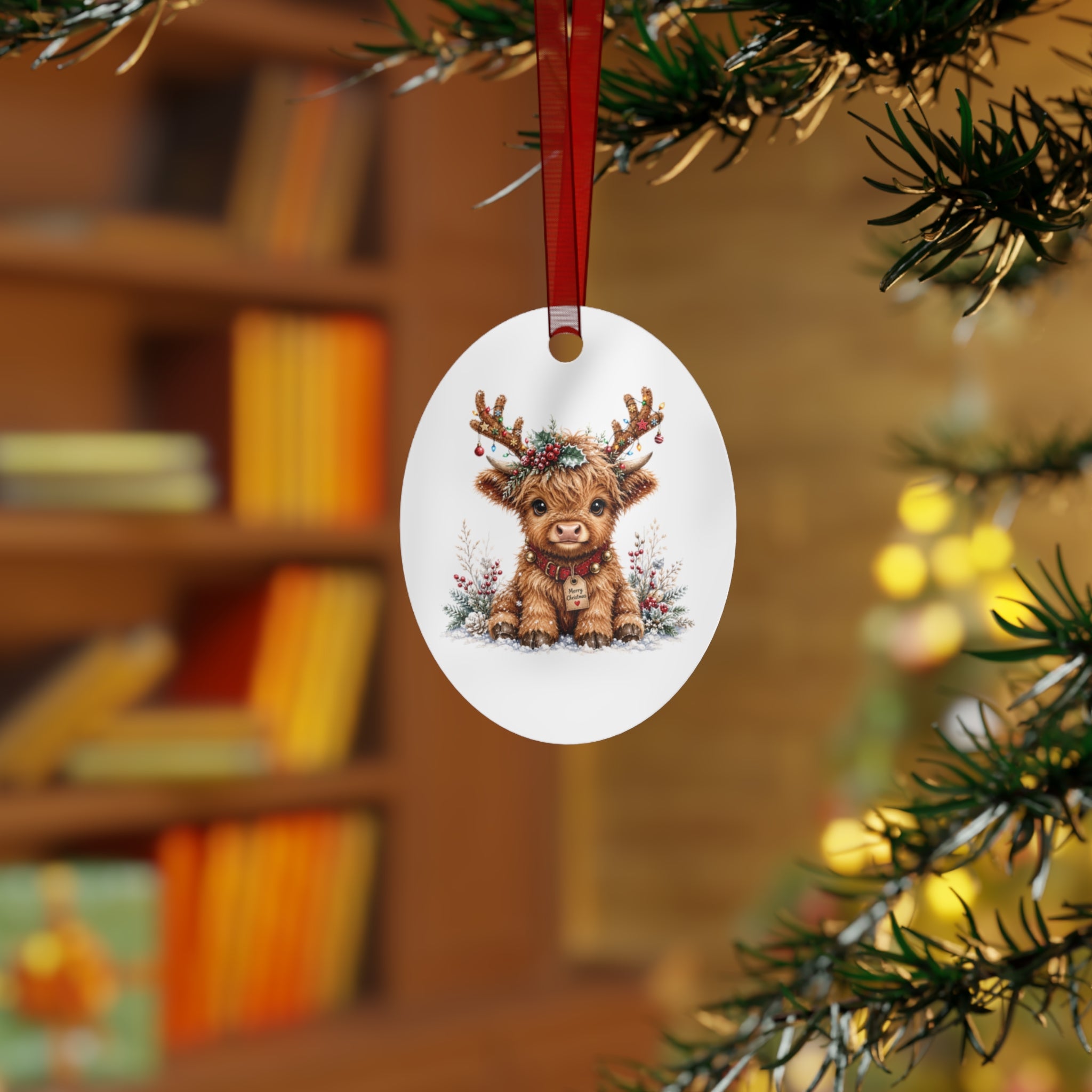 Cute Highland Cow Metal Ornament — Holiday Christmas Tree Decoration