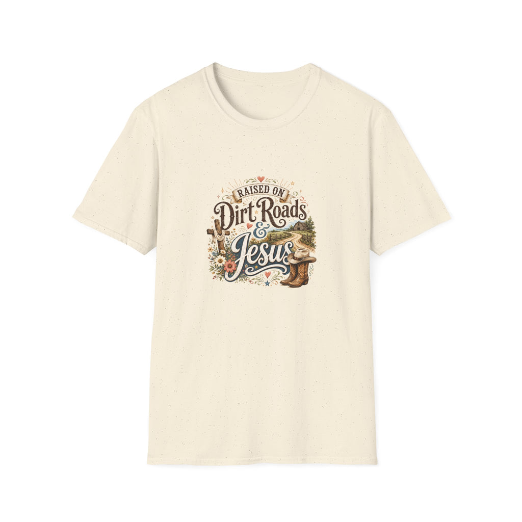Raised on Dirt Roads & Jesus T-Shirt — Rustic Christian Gift for Women Faith Tee