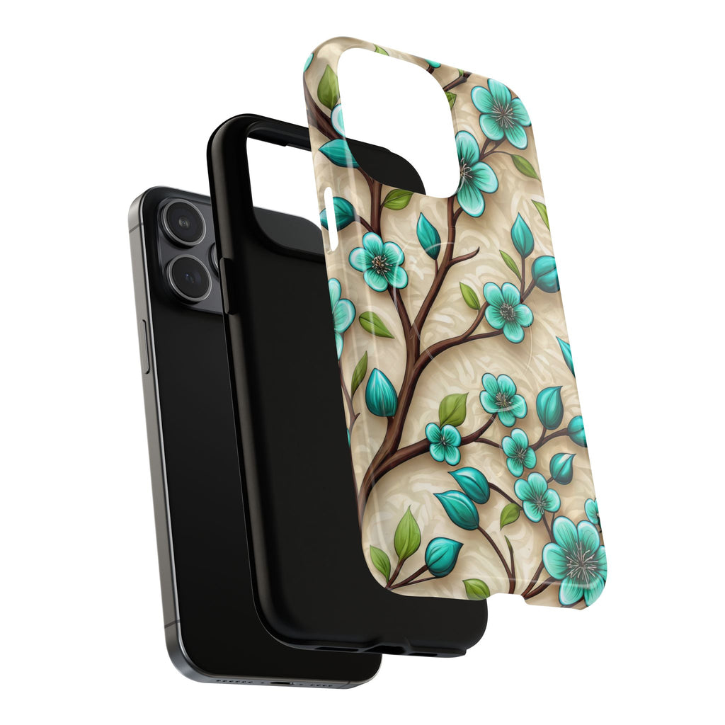 Floral Teal Blossom Tough Magnetic iPhone Case — MagSafe Protective Cover
