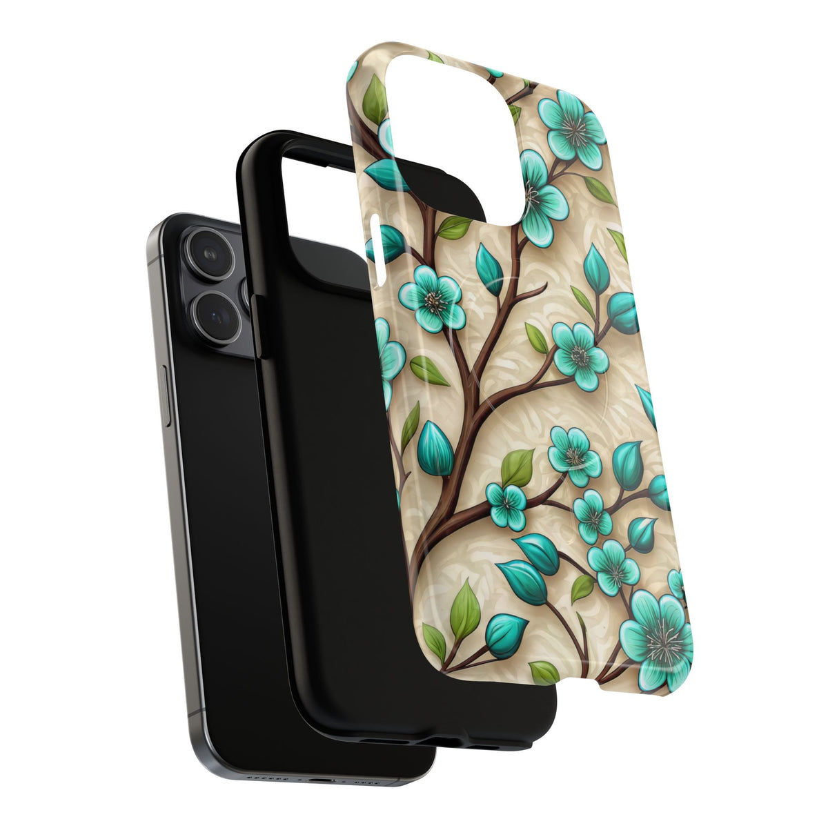 Floral Teal Blossom Tough Magnetic iPhone Case — MagSafe Protective Cover