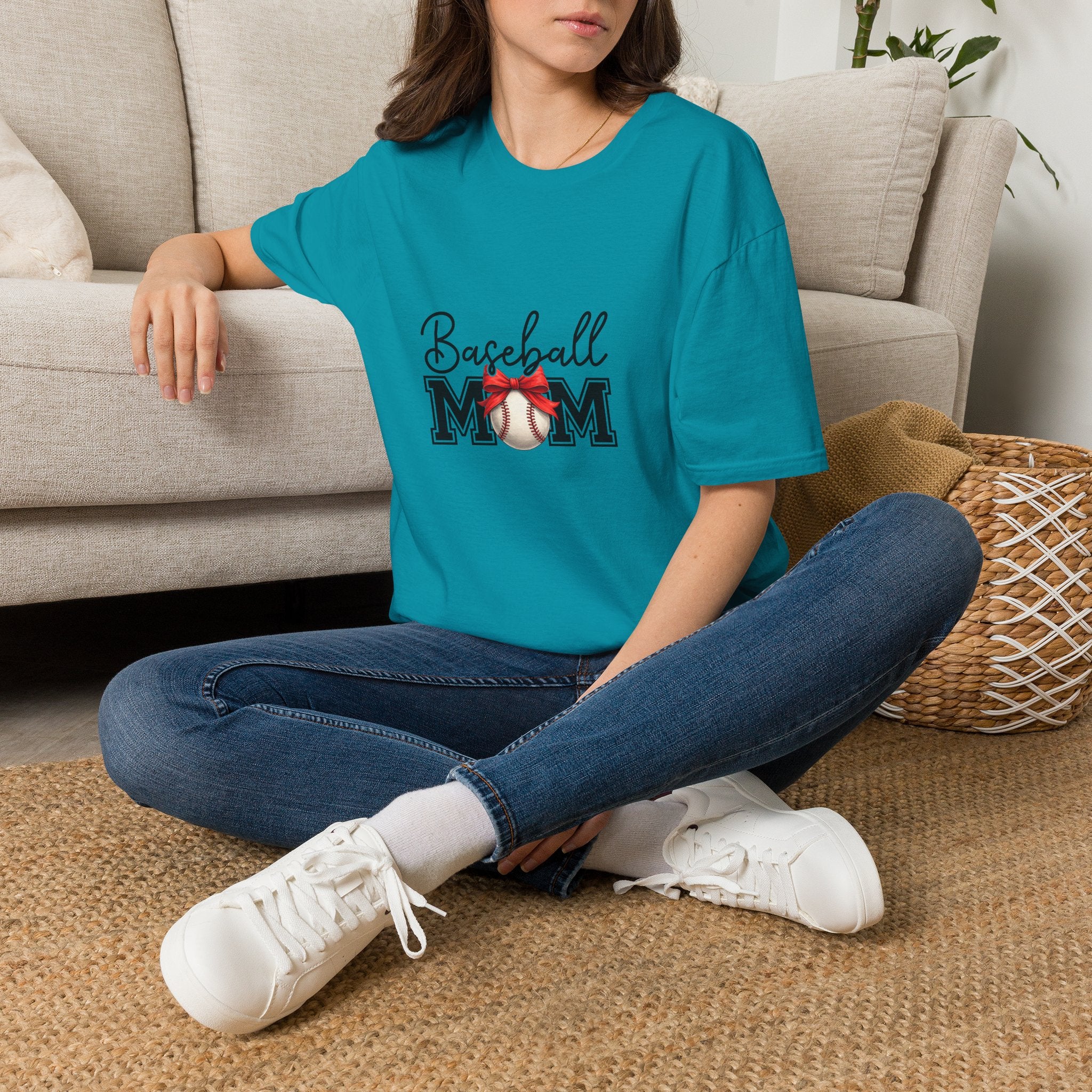 Baseball Mom T-Shirt — Cute Red Bow Gift for Sports Moms Game Day Graphic Tee