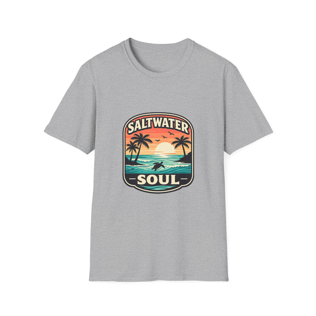 Saltwater Soul Retro Beach T-Shirt — Cute Coastal Gift for Women Sunset Palm Tee